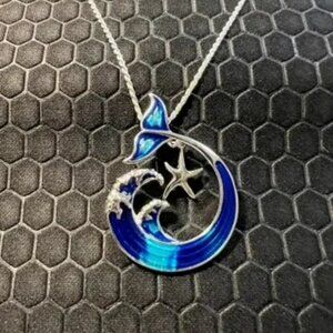Star Fish and Wave Necklace Blue and Silver 18K White Gold Plated